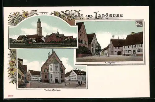 AK Langenau, Partie bei der Kirche mit Rathaus und Marktplatz