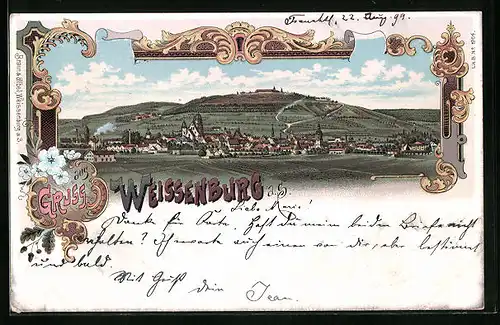 Lithographie Weissenburg a. S., Totalansicht mit Kirche