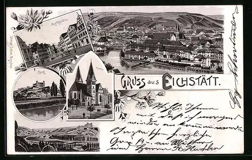 Lithographie Eichstätt, Marktplatz mit Dom und Burg