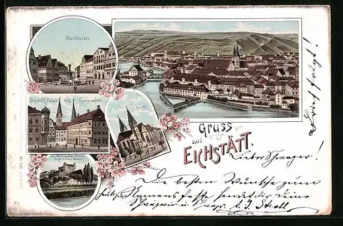 Lithographie Eichstätt, Marktplatz mit Dom und Bischöfl. Palais mit Gymnasium