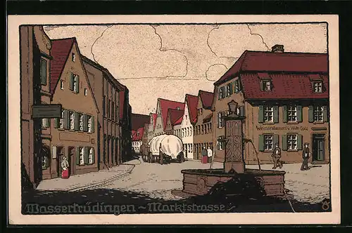 Steindruck-AK Wassertrüdingen, Marktstrasse mit Weinrestaurant v. Wilh. Lutz