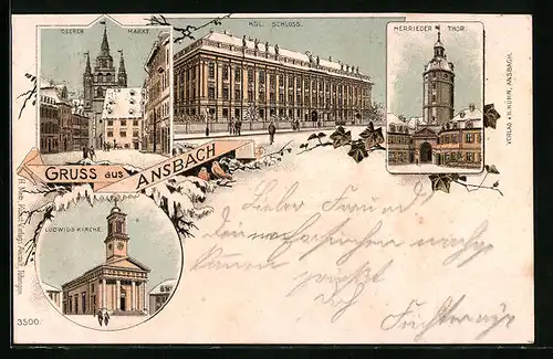 Winter-Lithographie Ansbach, Ortsansicht mit Kgl. Schloss und Ludwigskirche