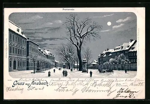 Winter-Lithographie Ansbach, Promenade im Mondschein