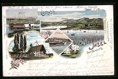 Lithographie Oberdorf b. Immenstadt, Seebadinsel mit Partie am See und Motorboot