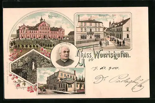 Lithographie Bad Wörishofen, Pfarrer Kneipp mit Kinderasyl und Lourdes-Grotte