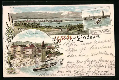 Lithographie Lindau i. B., Ortsansicht mit Hotel Helvetia und Hafeneinfahrt