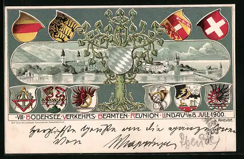 Lithographie Lindau i. B., VIII. Bodensee Verkehrs Beamten Reunion 1900 mit Wappen