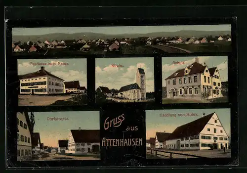AK Attenhausen, Handlung von Huber, Schule, Kirche, Gasthaus zum Kreuz