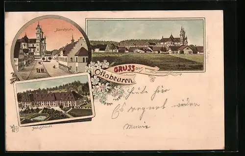 Lithographie Ottobeuren, Totalansicht mit Marktplatz und Amtsgebäude