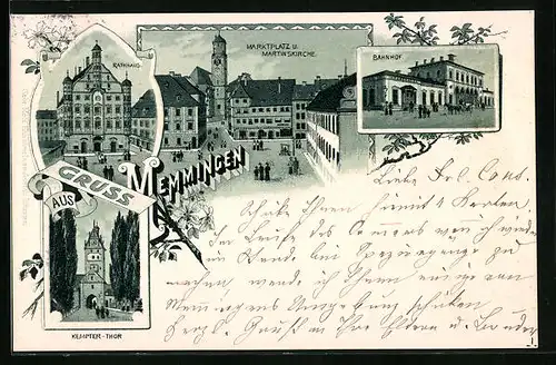 Lithographie Memmingen, Marktplatz und Martinskirche mit Bahnhof und Kempter-Thor