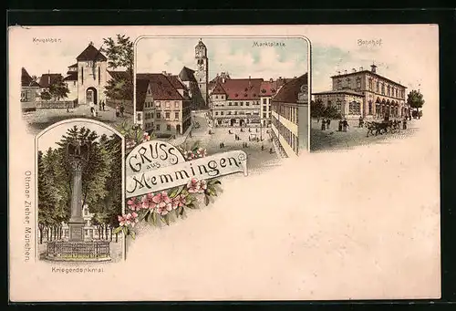 Lithographie Memmingen, Marktplatz mit Bahnhof und Kriegerdenkmal