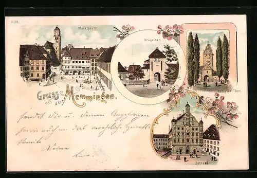 Lithographie Memmingen, Marktplatz, Krugsthor und Kempter-Thor