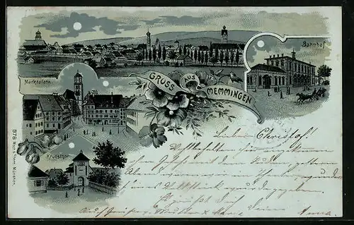 Mondschein-Lithographie Memmingen, Totalansicht mit Bahnhof und Marktplatz