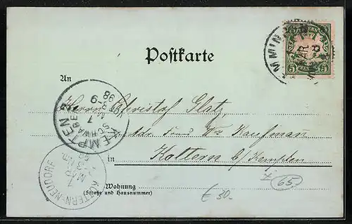 Mondschein-Lithographie Memmingen, Totalansicht mit Bahnhof und Marktplatz