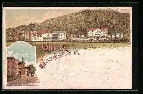 Lithographie Jordanbad b. Biberach, Ortsansicht mit Strassenpartie