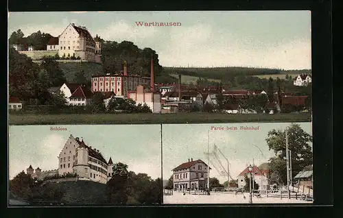AK Warthausen, Ortsansicht mit Schloss, Bahnhof und Brauerei
