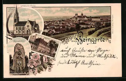 Lithographie Weingarten, Evang. Kirche, Kaiserstein und Kaserne