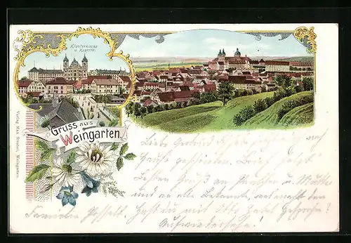 Lithographie Weingarten, Totalansicht mit Klosterkirche und Kaserne