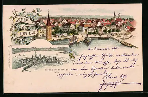 Lithographie Lindau im Bodensee, Teilansichten heute und im Jahre 1600