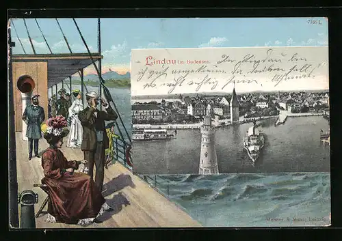 AK Lindau im Bodensee, Teilansicht mit Leuchtturm und Dampfer, Passagiere an Deck eines Schiffes, Passepartout