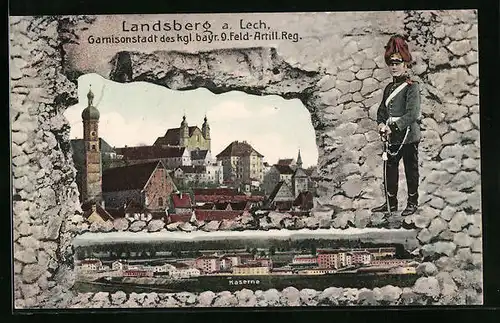 AK Landsberg a. Lech., Garnisonstadt des kgl. bayr. 9. Feld-Artill. Reg, Teilansicht, Kaserne, Soldat mit Degen