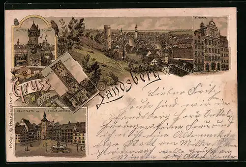 Lithographie Landsberg, Mutterturm, Bayertor, Hauptplatz mit Schmalzturm