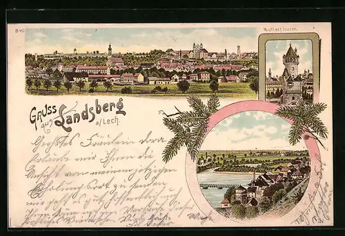 Lithographie Landsberg a. Lech, Teilansicht, Mutterturm, Uferpartie