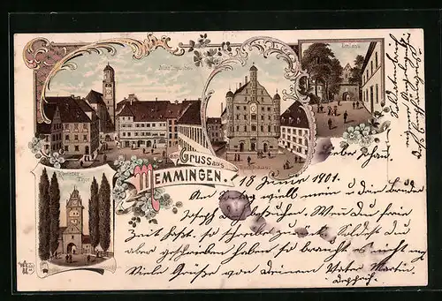 Lithographie Memmingen, Rathaus, Kempter-Tor, Marktplatz