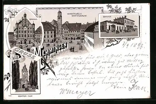 Lithographie Memmingen, Marktplatz und Martinskirche, Bahnhof, Rathaus