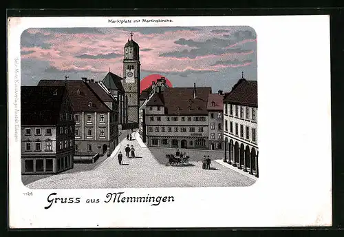 Lithographie Memmingen, Marktplatz mit Martinskirche