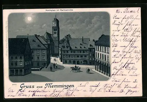 Lithographie Memmingen, Marktplatz mit Martinskirche bei Mondschein