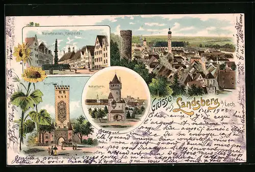 Lithographie Landsberg a. Lech, Hauptplatz mit Marienbrunnen, Mutterturm, Bayertor