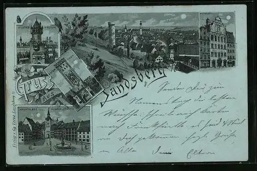Mondschein-Lithographie Landsberg, Mutterturm, Bayertor, Hauptplatz mit Schmalzturm