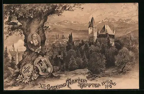 Künstler-AK Kempten, Bayerisches Turnfest 1905, Ortspartie und Baum mit Portrait von Turnvater Jahn