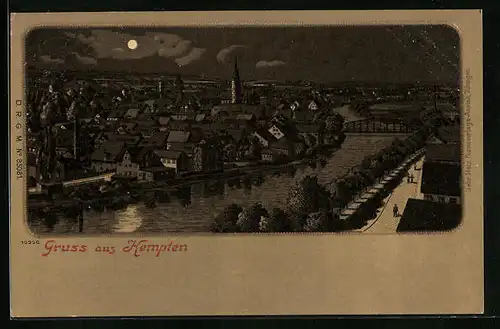 Lithographie Kempten, Teilansicht bei Mondschein