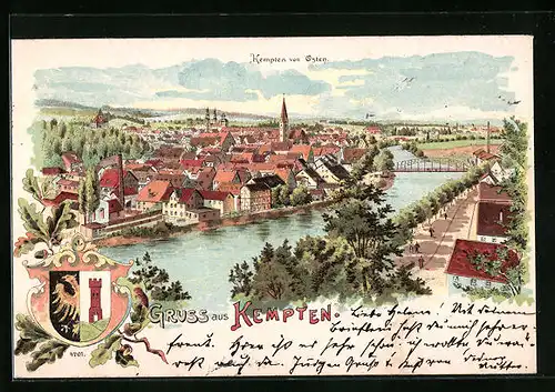 Lithographie Kempten, Teilansicht von Osten, Wappen