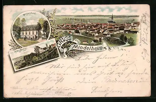 Lithographie Mindelheim, Teilansicht, Mayenbad, Die Burg