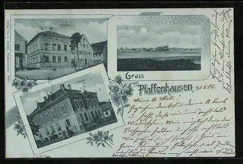 Mondschein-AK Pfaffenhausen, Teilansicht, Kirchenplatz, Pfarrhof