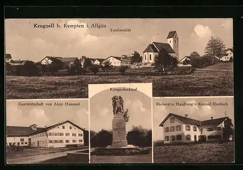 AK Krugzell b. Kempten i. Allgäu, Gasthaus von Alois Hummel, Bäckerei und Handlung v. Konrad Heubuch, Kriegerdenkmal