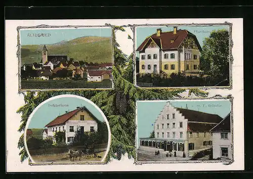 AK Altusried, Geschäft von O. F. Brandle, Pfarrhaus, Dorktorhaus