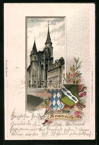 Passepartout-Lithographie Ansbach, St. Johanniskirche, Wappen