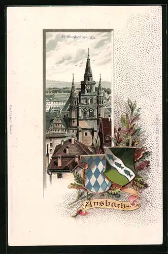 Passepartout-Lithographie Ansbach, St. Gumbertuskirche, Wappen