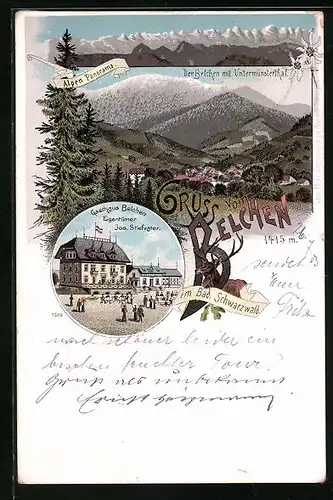 Lithographie Belchen /Schwarzwald, Gasthaus von Jos. Stiefvater, Blick ins Untermünsterthal