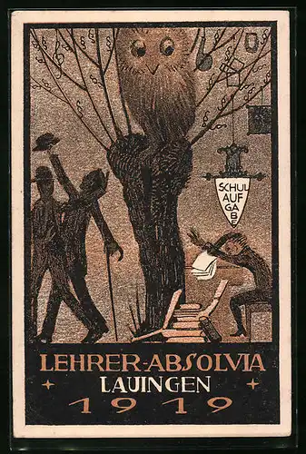 Künstler-AK Lauingen, Lehrer-Absolvia 1919, Absolvent im Stress und grosse Eule