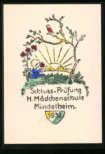 Künstler-AK Mindelheim, Schlussprüfung 1932 der Höheren Mädchenschule, Sonnenaufgang
