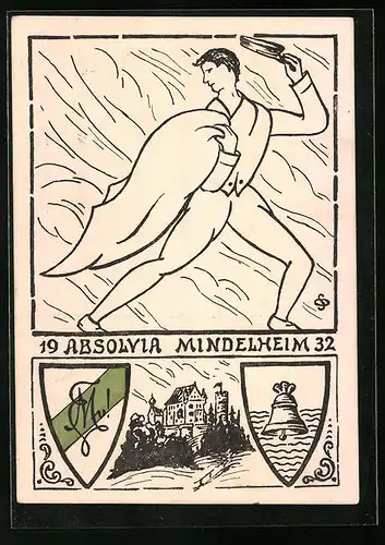 Künstler-AK Mindelheim, Absolvia 1932, Absolvent zieht zum Abschied den Hut