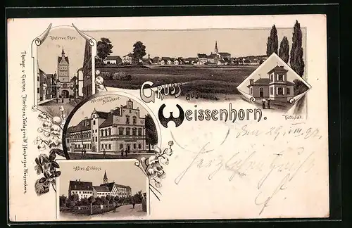 Lithographie Weissenhorn, Strassenpartie am unteren Tor, Brauhaus, Altes Schloss und Volksbad