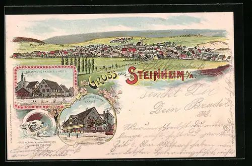 Lithographie Steinheim a. A., Gasthaus und Brauerei z. Kreuz, Versteinerung aus der Sandgrube, Gesamtansicht