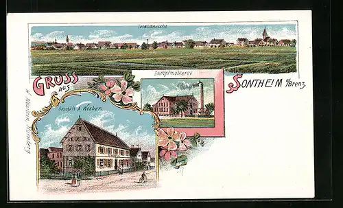 Lithographie Sontheim a. Brenz, Geschäft v. A. Weeber, Dampfmolkerei, Totalansicht