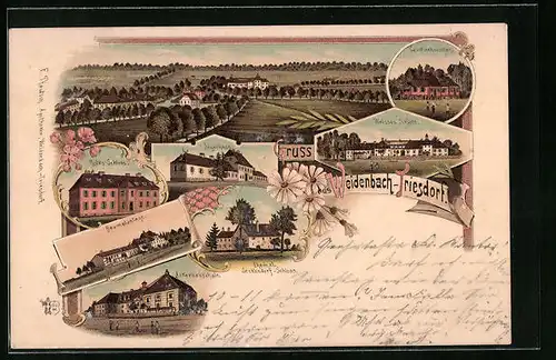 Lithographie Weidenbach-Triesdorf, Rotes Schloss, Cavalierhäuschen, Jägerhaus, Baumplantage